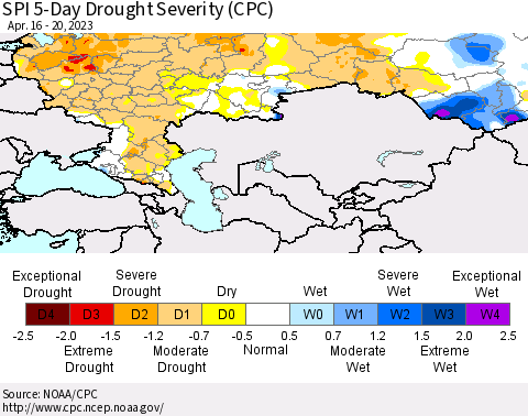 Russian Federation SPI 5-Day Drought Severity (CPC) Thematic Map For 4/16/2023 - 4/20/2023