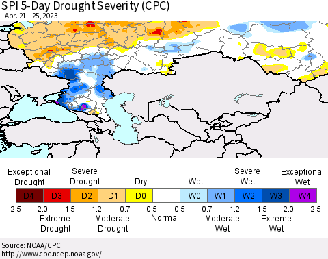 Russian Federation SPI 5-Day Drought Severity (CPC) Thematic Map For 4/21/2023 - 4/25/2023
