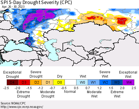 Russian Federation SPI 5-Day Drought Severity (CPC) Thematic Map For 4/26/2023 - 4/30/2023