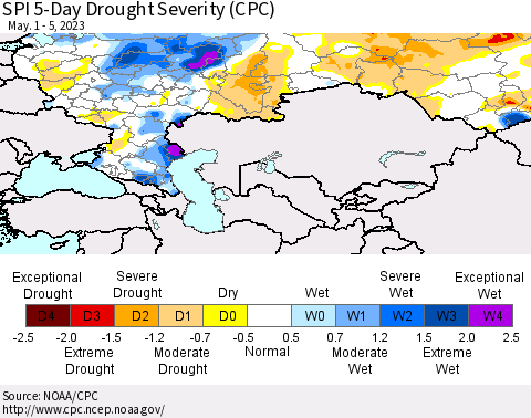 Russian Federation SPI 5-Day Drought Severity (CPC) Thematic Map For 5/1/2023 - 5/5/2023