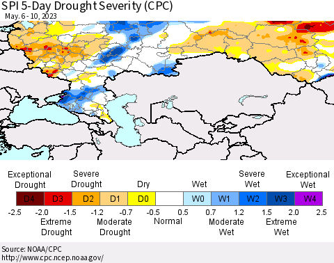 Russian Federation SPI 5-Day Drought Severity (CPC) Thematic Map For 5/6/2023 - 5/10/2023