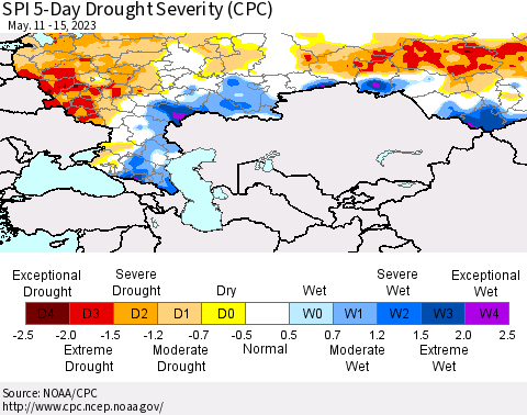 Russian Federation SPI 5-Day Drought Severity (CPC) Thematic Map For 5/11/2023 - 5/15/2023