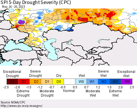 Russian Federation SPI 5-Day Drought Severity (CPC) Thematic Map For 5/16/2023 - 5/20/2023