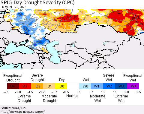 Russian Federation SPI 5-Day Drought Severity (CPC) Thematic Map For 5/21/2023 - 5/25/2023