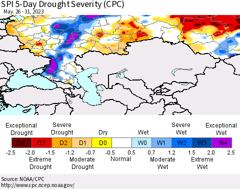 Russian Federation SPI 5-Day Drought Severity (CPC) Thematic Map For 5/26/2023 - 5/31/2023