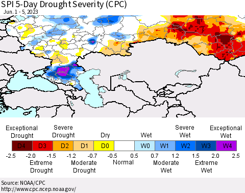 Russian Federation SPI 5-Day Drought Severity (CPC) Thematic Map For 6/1/2023 - 6/5/2023