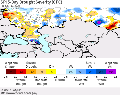 Russian Federation SPI 5-Day Drought Severity (CPC) Thematic Map For 6/6/2023 - 6/10/2023