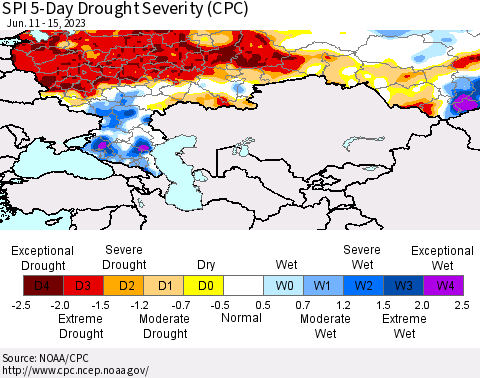 Russian Federation SPI 5-Day Drought Severity (CPC) Thematic Map For 6/11/2023 - 6/15/2023