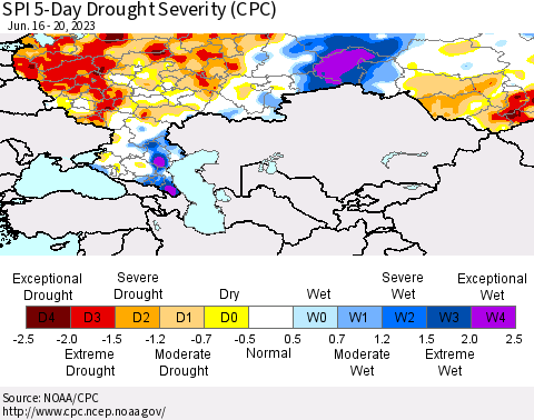 Russian Federation SPI 5-Day Drought Severity (CPC) Thematic Map For 6/16/2023 - 6/20/2023