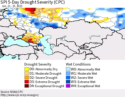 Russian Federation SPI 5-Day Drought Severity (CPC) Thematic Map For 6/21/2023 - 6/25/2023