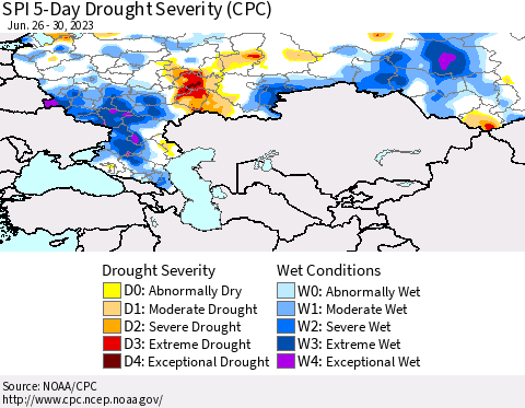 Russian Federation SPI 5-Day Drought Severity (CPC) Thematic Map For 6/26/2023 - 6/30/2023