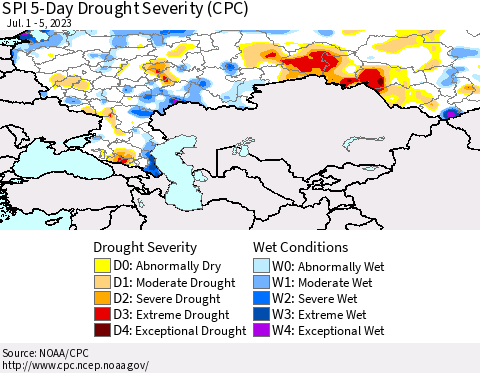 Russian Federation SPI 5-Day Drought Severity (CPC) Thematic Map For 7/1/2023 - 7/5/2023