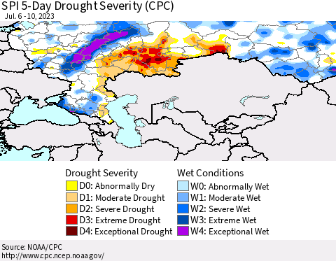Russian Federation SPI 5-Day Drought Severity (CPC) Thematic Map For 7/6/2023 - 7/10/2023