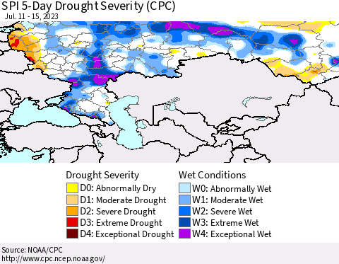 Russian Federation SPI 5-Day Drought Severity (CPC) Thematic Map For 7/11/2023 - 7/15/2023
