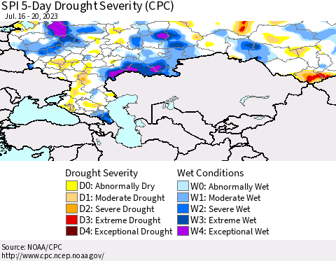 Russian Federation SPI 5-Day Drought Severity (CPC) Thematic Map For 7/16/2023 - 7/20/2023