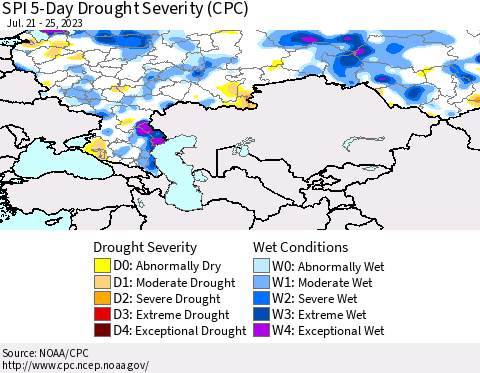 Russian Federation SPI 5-Day Drought Severity (CPC) Thematic Map For 7/21/2023 - 7/25/2023