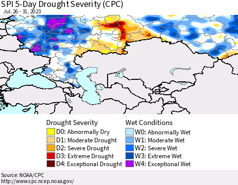 Russian Federation SPI 5-Day Drought Severity (CPC) Thematic Map For 7/26/2023 - 7/31/2023