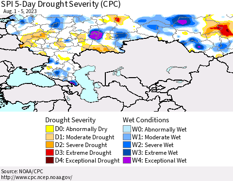 Russian Federation SPI 5-Day Drought Severity (CPC) Thematic Map For 8/1/2023 - 8/5/2023