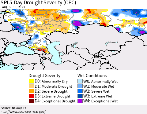 Russian Federation SPI 5-Day Drought Severity (CPC) Thematic Map For 8/6/2023 - 8/10/2023