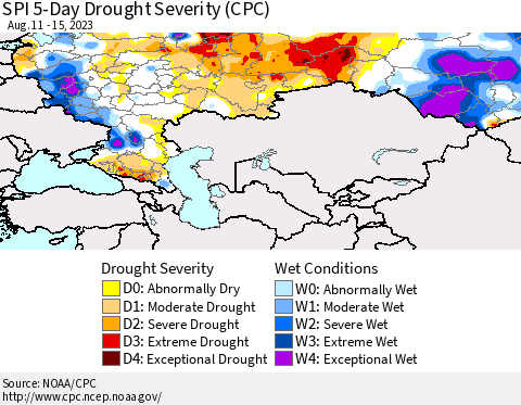 Russian Federation SPI 5-Day Drought Severity (CPC) Thematic Map For 8/11/2023 - 8/15/2023