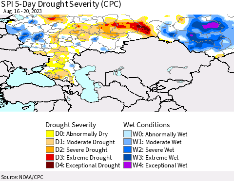 Russian Federation SPI 5-Day Drought Severity (CPC) Thematic Map For 8/16/2023 - 8/20/2023