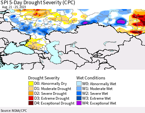 Russian Federation SPI 5-Day Drought Severity (CPC) Thematic Map For 8/21/2023 - 8/25/2023