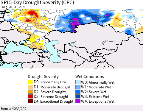 Russian Federation SPI 5-Day Drought Severity (CPC) Thematic Map For 8/26/2023 - 8/31/2023