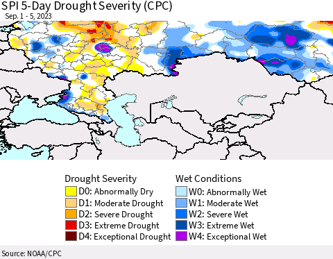 Russian Federation SPI 5-Day Drought Severity (CPC) Thematic Map For 9/1/2023 - 9/5/2023