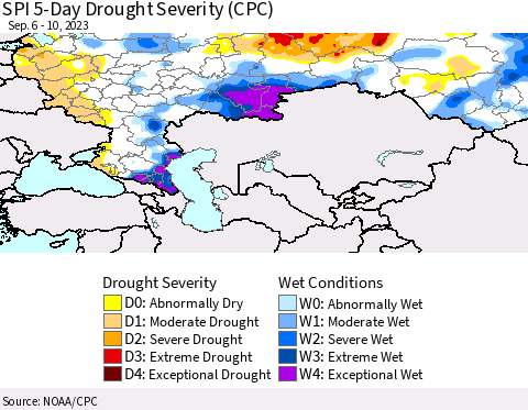 Russian Federation SPI 5-Day Drought Severity (CPC) Thematic Map For 9/6/2023 - 9/10/2023