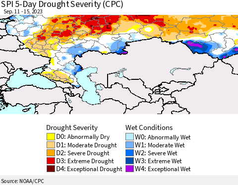 Russian Federation SPI 5-Day Drought Severity (CPC) Thematic Map For 9/11/2023 - 9/15/2023