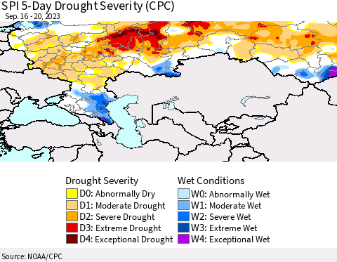 Russian Federation SPI 5-Day Drought Severity (CPC) Thematic Map For 9/16/2023 - 9/20/2023