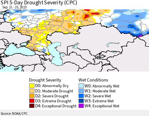 Russian Federation SPI 5-Day Drought Severity (CPC) Thematic Map For 9/21/2023 - 9/25/2023