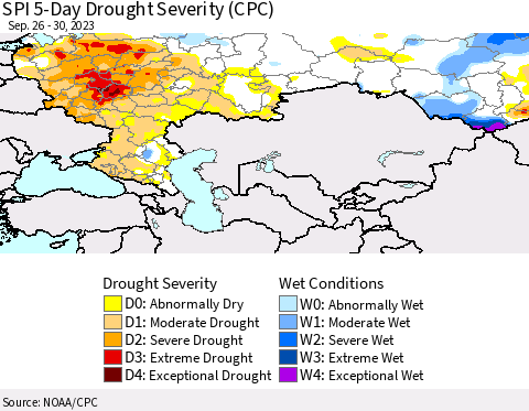 Russian Federation SPI 5-Day Drought Severity (CPC) Thematic Map For 9/26/2023 - 9/30/2023