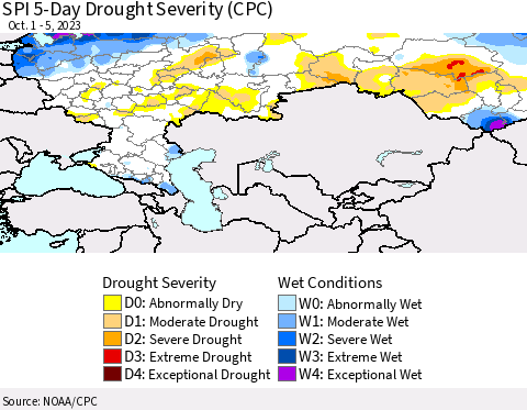 Russian Federation SPI 5-Day Drought Severity (CPC) Thematic Map For 10/1/2023 - 10/5/2023