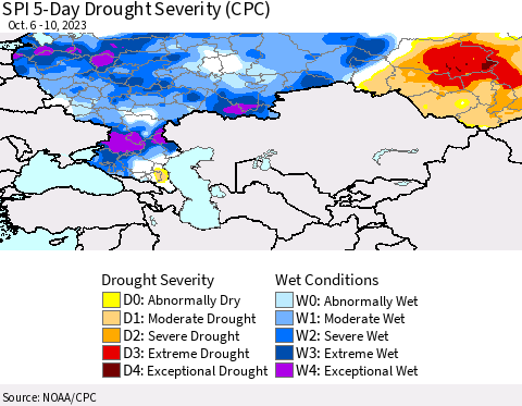 Russian Federation SPI 5-Day Drought Severity (CPC) Thematic Map For 10/6/2023 - 10/10/2023