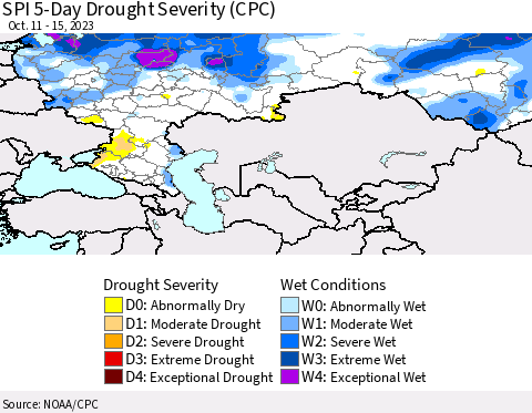 Russian Federation SPI 5-Day Drought Severity (CPC) Thematic Map For 10/11/2023 - 10/15/2023