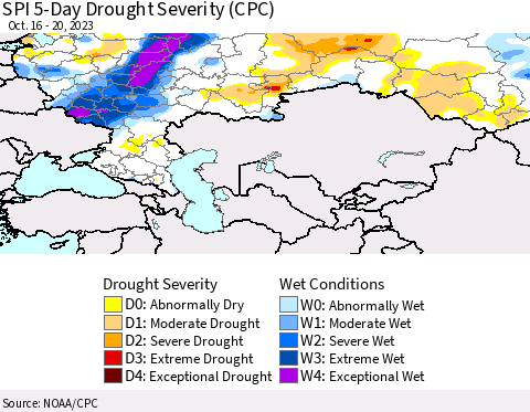 Russian Federation SPI 5-Day Drought Severity (CPC) Thematic Map For 10/16/2023 - 10/20/2023