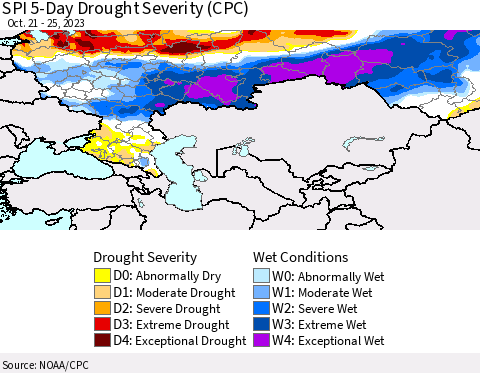 Russian Federation SPI 5-Day Drought Severity (CPC) Thematic Map For 10/21/2023 - 10/25/2023