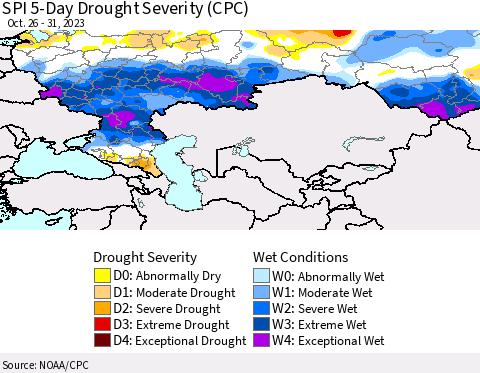 Russian Federation SPI 5-Day Drought Severity (CPC) Thematic Map For 10/26/2023 - 10/31/2023