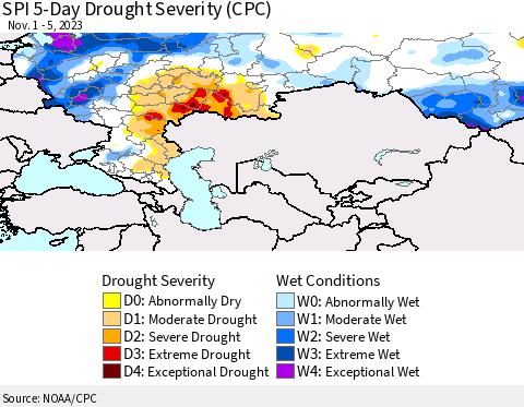 Russian Federation SPI 5-Day Drought Severity (CPC) Thematic Map For 11/1/2023 - 11/5/2023