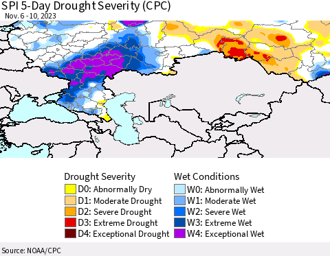 Russian Federation SPI 5-Day Drought Severity (CPC) Thematic Map For 11/6/2023 - 11/10/2023