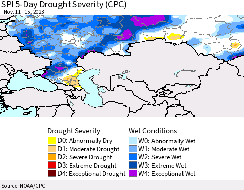 Russian Federation SPI 5-Day Drought Severity (CPC) Thematic Map For 11/11/2023 - 11/15/2023