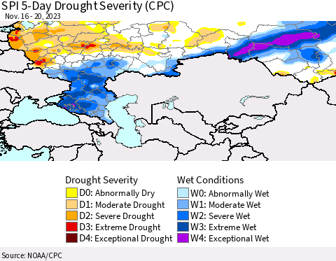 Russian Federation SPI 5-Day Drought Severity (CPC) Thematic Map For 11/16/2023 - 11/20/2023