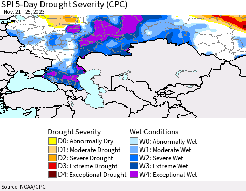 Russian Federation SPI 5-Day Drought Severity (CPC) Thematic Map For 11/21/2023 - 11/25/2023
