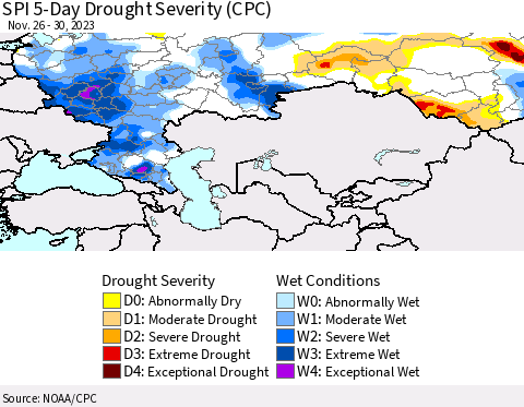 Russian Federation SPI 5-Day Drought Severity (CPC) Thematic Map For 11/26/2023 - 11/30/2023