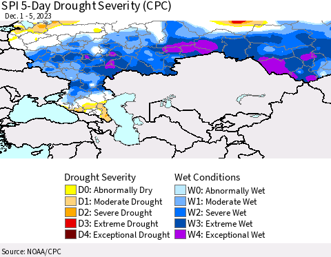 Russian Federation SPI 5-Day Drought Severity (CPC) Thematic Map For 12/1/2023 - 12/5/2023