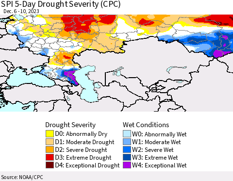 Russian Federation SPI 5-Day Drought Severity (CPC) Thematic Map For 12/6/2023 - 12/10/2023