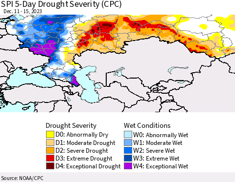 Russian Federation SPI 5-Day Drought Severity (CPC) Thematic Map For 12/11/2023 - 12/15/2023