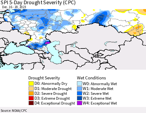 Russian Federation SPI 5-Day Drought Severity (CPC) Thematic Map For 12/16/2023 - 12/20/2023