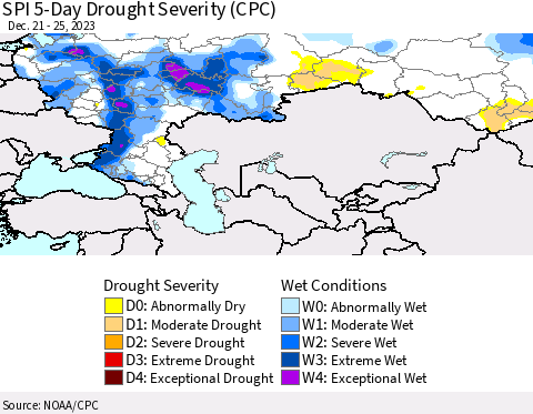 Russian Federation SPI 5-Day Drought Severity (CPC) Thematic Map For 12/21/2023 - 12/25/2023